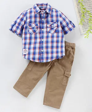 Babyhug Full Sleeves Checks Shirt & Pant - Blue Beige