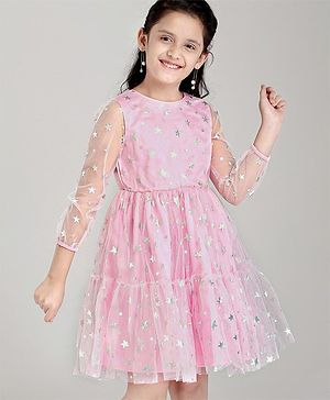 Pine Kids Full Sleeves Party Frock Star Foil Print - Pink