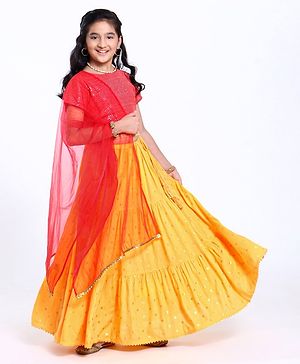 Pine Kids Short Sleeves Sequin Embroidered Choli & Lehenga With Net Duptta - Red Yellow