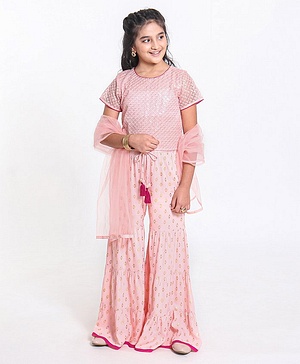 Pine Kids Sequin Choli & Gold Print Sharara with Dupatta - Peach