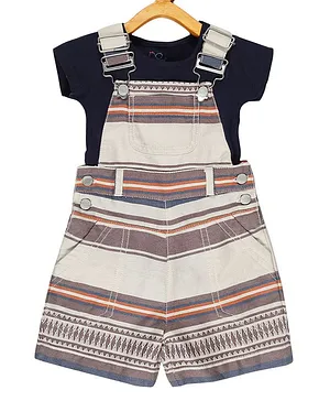 Young Birds Striped Dungaree With Short Sleeves Top - Navy Blue