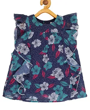 Young Birds Short Sleeves Floral Print Top - Blue