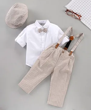 ToffyHouse Full Sleeves Shirt & Trousers with Suspenders & Cap Stripes Print - Khakhi