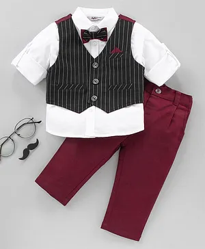 ToffyHouse Full Sleeves Solid Shirt and Pants Set with Jacket - Maroon
