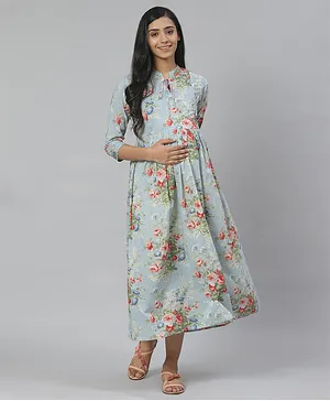 Anayna Three Fourth Sleeves Floral Print Maternity Dress - Grey