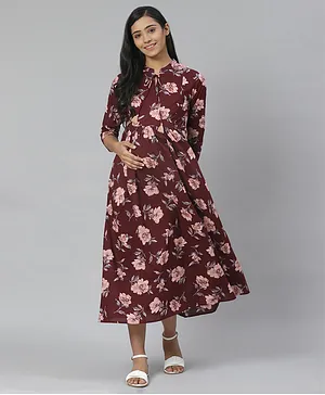 Anayna Three Fourth Sleeves Floral Print Maternity Dress - Maroon