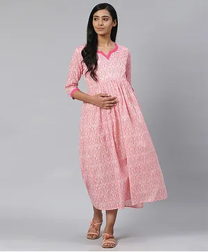 Anayna Three Fourth Sleeves Self Design Maternity Dress - Light Pink