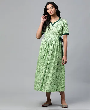 Anayna Half Sleeves Floral Print Maternity Dress - Light Green