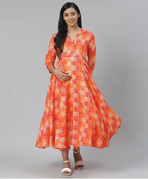 Anayna There Fourth Sleeves Abstract Printed Maternity Dress - Orange