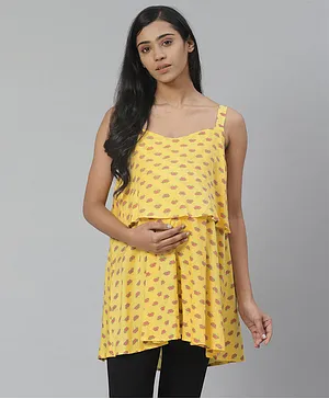 Anayna Sleeveless All Over Lotus Printed Maternity Top - Yellow