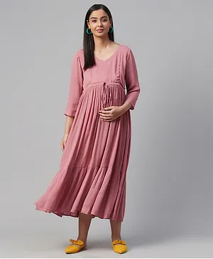 Anayna Three Fourth Sleeves Solid Cololur Maternity Dress - Pink