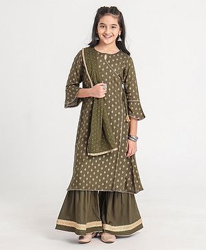 Pine Kids Three Fourth Sleeves Kurti and Sharara Set with Cotton Crushed Dupatta Glitter Print - Green