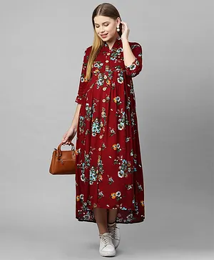 MomToBe Three Fourth Sleeves Flower Print Maternity Dress -  Maroon