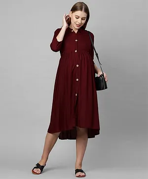 MomToBe Three Fourth Sleeves Solid Button Down Maternity Dress - Maroon