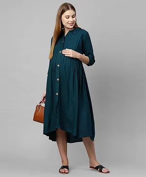 MomToBe Three Fourth Sleeves Solid Button Down Maternity Dress - Dark Green