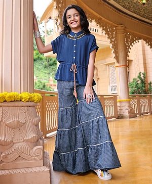 Pine Kids Indigo Top With Waist Tie Up & Palazzo - Blue
