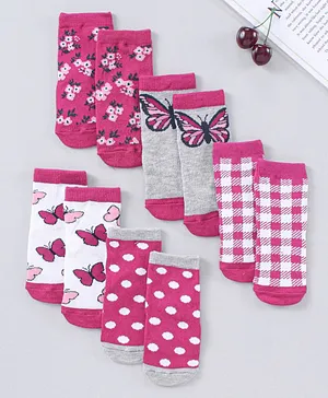 Cute Walk by Babyhug Cotton Blend Ankle Length Anti Bacterial Socks Multi Print Pack of 5 - Pink Grey White Cute Walk by Babyhug Cotton Blend Ankle Length Anti Bacterial Socks Multi Print Pack of 5 - Pink Grey White