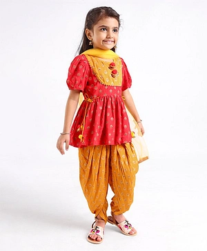 Saka Designs Short Sleeves Printed Kurti & Dhoti Pant With Dupatta - Red Yellow