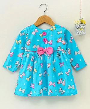 Yellow Duck Full Sleeves Bow Printed Frock - Blue