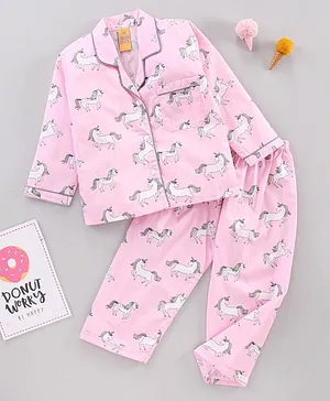 Yellow Duck Full Sleeves Night Suit Unicorn Print - Pink