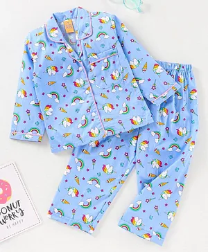 Yellow Duck Full Sleeves Pyjama Set Unicorn Print - Blue