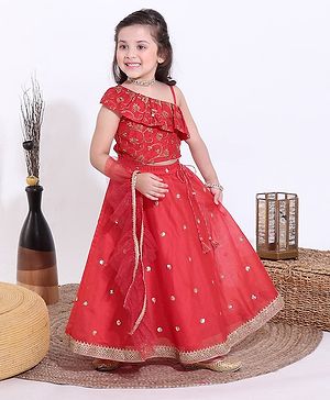 Babyhug Sleeveless Sequins Choli & Lehenga With Dupatta - Red