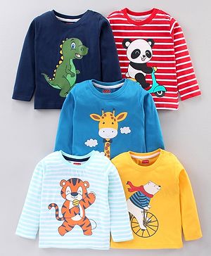 Babyhug Full Sleeves Animal Print Tee Pack of 5 - Multicolor