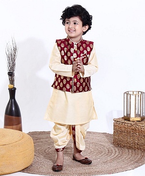 Babyhug Full Sleeves Kurta & Dhoti With Jacket Embroidery Detailing - Cream Maroon