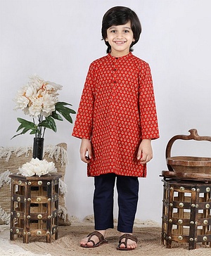 Babyhug Full Sleeves Kurta Pyjama Set Buti Print - Rust Navy