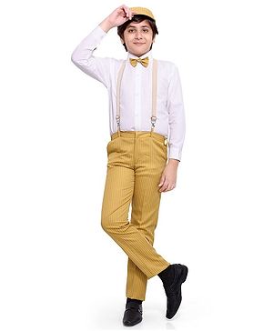 Jeet Ethnics Full Sleeves Shirt With Striped Suspender Pants & Bow With Cap - Yellow & White