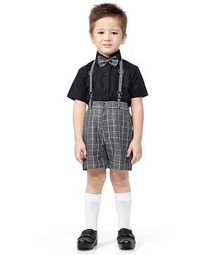 Jeet Ethnics Half Sleeves Shirt With Checkered Shorts & Suspender With Bow Tie - Grey