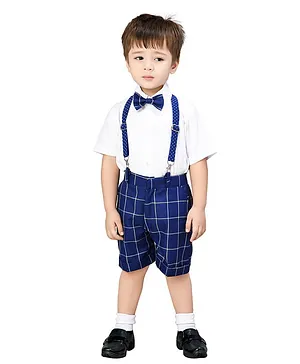 Jeet Ethnics Half Sleeves Shirt With Checkered Shorts & Suspender With Bow Tie - Navy Blue