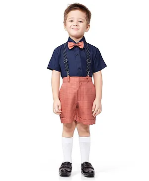 Jeet Ethnics Half Sleeves Shirt With Solid Colour Shorts & Suspender With Bow Tie - Navy Blue & Peach