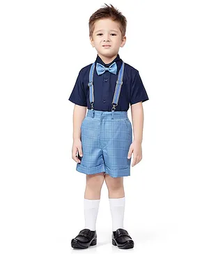 Jeet Ethnics Half Sleeves Shirt With Solid Colour Shorts & Suspender With Bow Tie - Blue