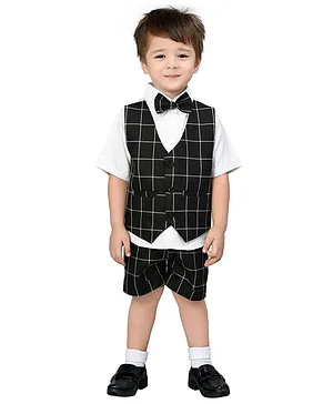 Jeet Ethnics Half Sleeves Shirt With Attached Checked Waistcoat & Shorts - Black