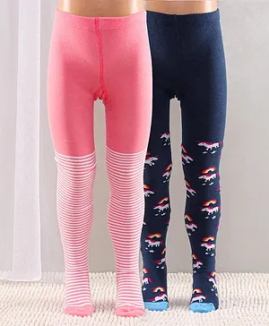 Cute Walk by Babyhug Full Length Anti-Bacterial Striped Tights Unicorn Design Pack of 2 - Pink Blue