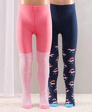 Cute Walk by Babyhug Full Length Anti-Bacterial Striped Tights Unicorn Design Pack of 2 - Pink Blue