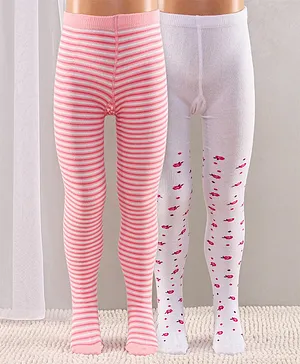 Cute Walk by Babyhug Full Length Anti-Bacterial Striped Tights Roses Design Pack of 2 - Pink White