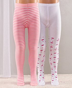 Cute Walk by Babyhug Full Length Anti-Bacterial Striped Tights Roses Design Pack of 2 - Pink White