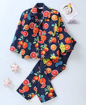 Right Slip Full Sleeves Fruit Print Night Suit - Navy Blue
