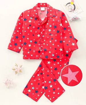 Right Slip Full Sleeves Star Print Night Suit - Red