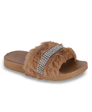 Mine Sole Beads Embellished On Faux Fur Open Toe Flats - Deep Gold