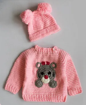 Woonie Full Sleeves Teddy Design Handmade Sweater With Cap - Pink