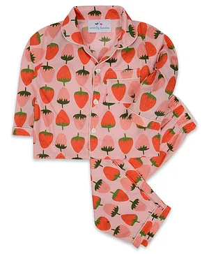 Knitting Doodles Full Sleeves All Over Strawberry Printed Night Suit - Pink