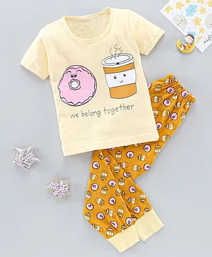 The Boo Boo Club  Soft Cotton Half Sleeves Coffee & Donut Print Tee With Pajama - Yellow