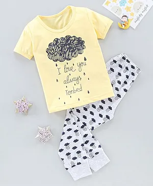 The Boo Boo Club  Soft Cotton Half Sleeves Rainy Day Print Tee With Pajama - Yellow