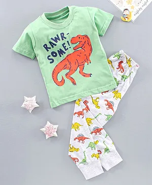 The Boo Boo Club  Soft Cotton Half Sleeves Dinosaur Print Tee With Pajama - Green
