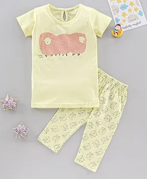 The Boo Boo Club  Soft Cotton Half Sleeves Sheep Print Tee With Pajama - Yellow