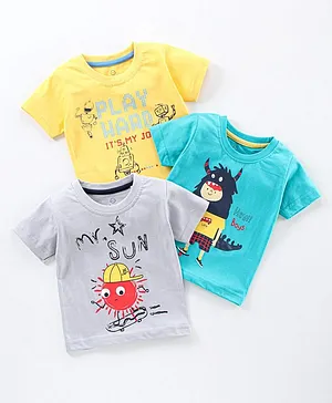 The Boo Boo Club Half Sleeves Pack Of 3 Monster Print Tshirt - Yellow Blue