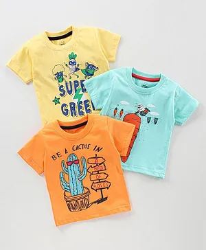 The Boo Boo Club Half Sleeves Pack Of 3 Text & Cactus Print Tees - Orange Blue